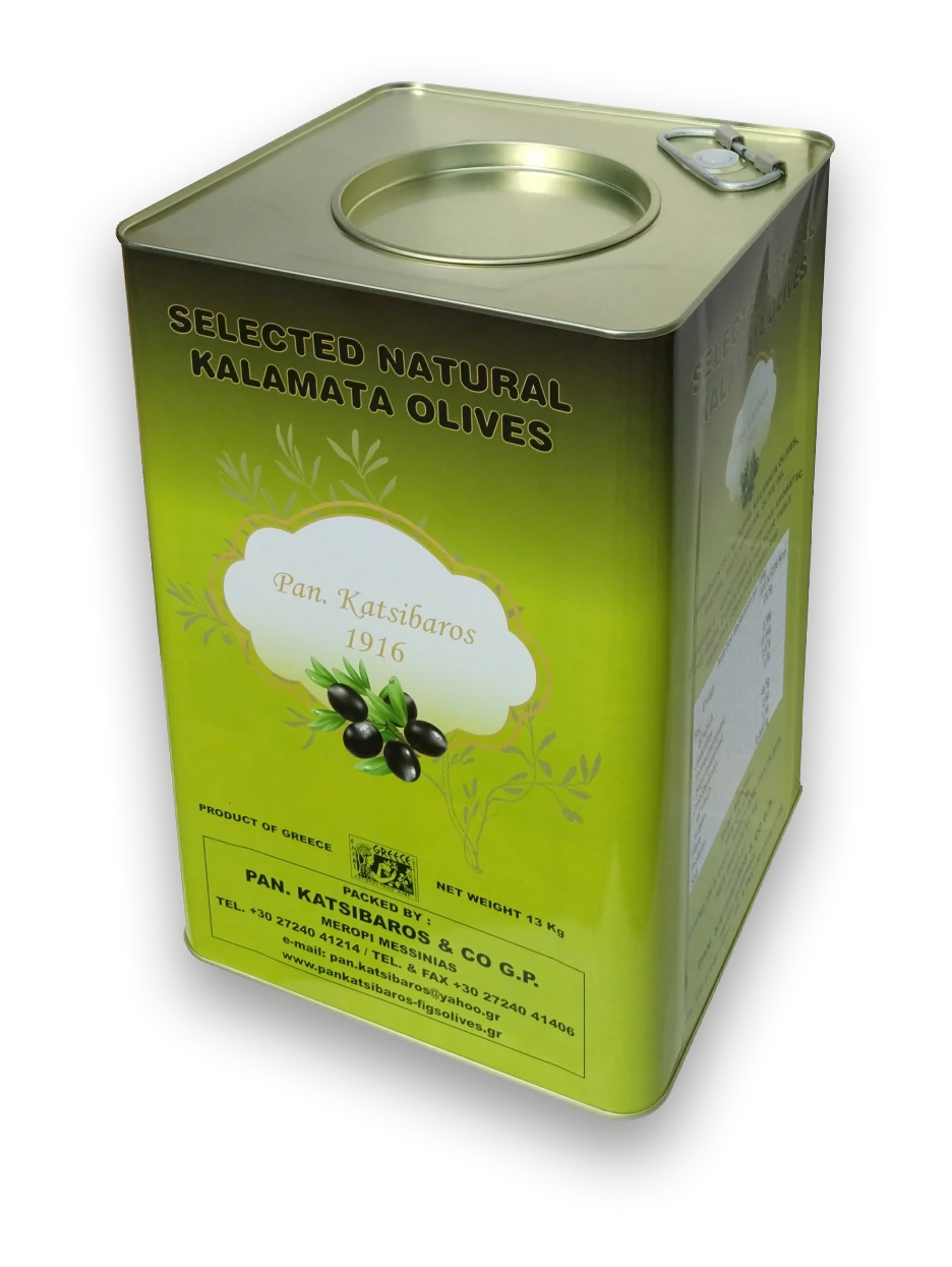 Kalamata Olives, natural with Water Salt Vinegar Olive Oil, packed in tin, Net Weight 13 Kg